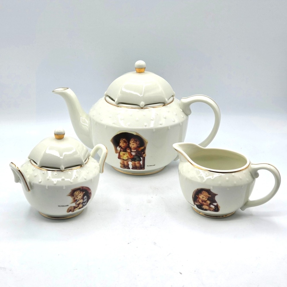 M.J. HUMMEL STORMY WEATHER PORCELAIN TEA‎ SET W/ UMBRELLA TOPS FROM DANBURY MINT
